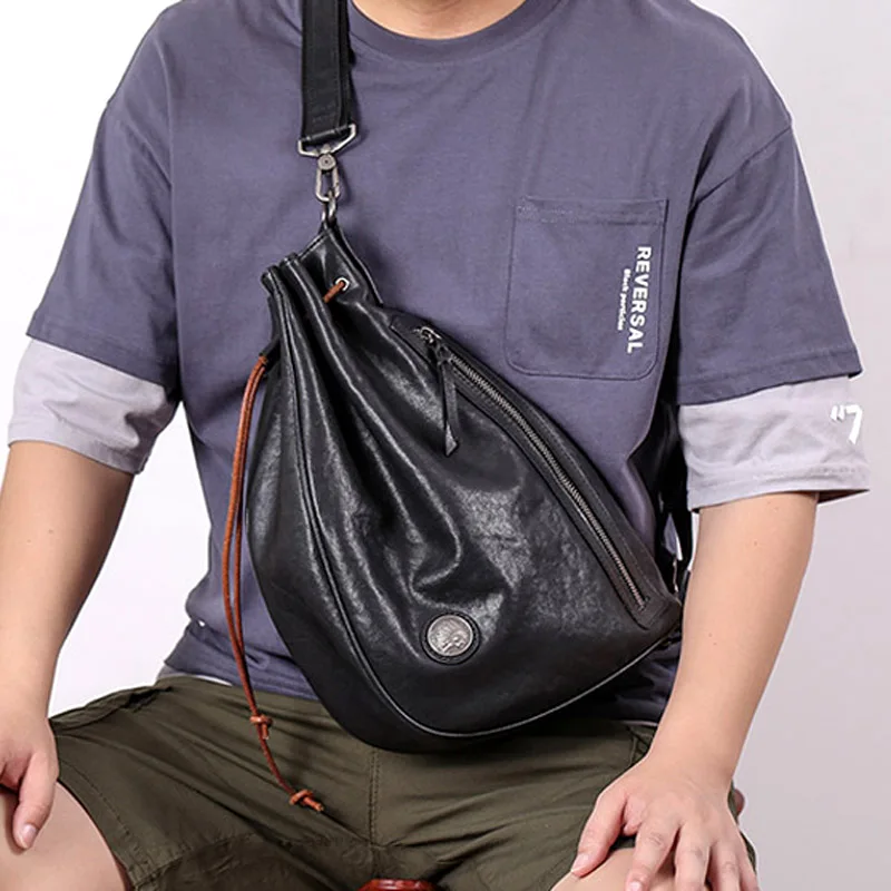 

Leather Messenger Bag Men's Trendy Brand Personality Backpack American Drawstring Bucket Bag Pure Leather Men's Chest Bag
