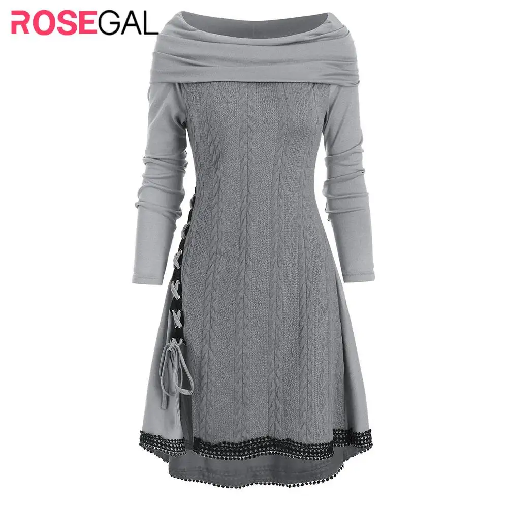 ROSEGAL Fashion Winter Sweaters Lace Up Cowl Neck Guipure Insert Longline Knitwear Long Sleeve Autumn Pullovers Daily Casual | Женская