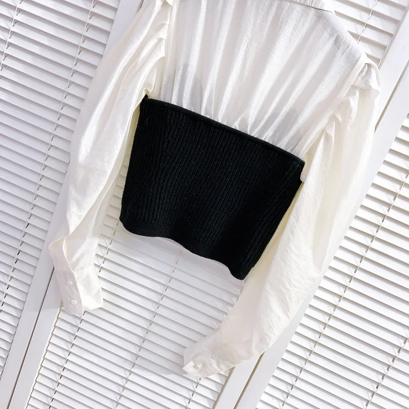 

Autumn 2021 New Palace Style Blouse Knitted Tube Top Stitching Fake Two-Piece Retro Long Sleeve Contrast Color Chiffon Shirt