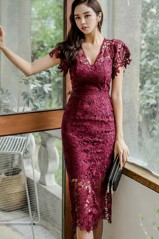 

COIGARSAM Full Sleeve Women dress Spring Lace V-Neck Dresses Wine Red Yellow 5209