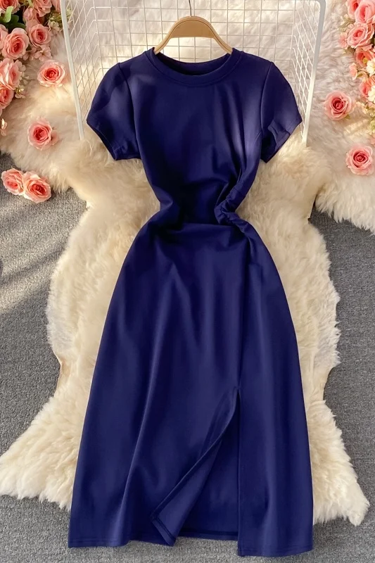 

Women's 2021 Summer Split Dress New French O-neck Waist Close Show Thin High Quality Dress Ladies Short Sleeve Vintage Dresses
