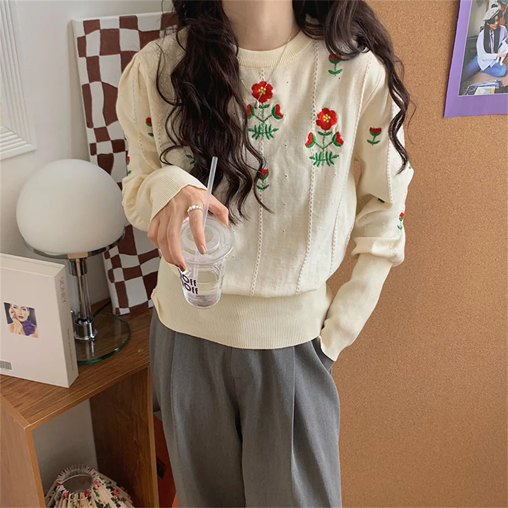 

Женский свитер с вышивкой в стиле Харадзюку, повседневный свободный трикотажный пуловер в стиле High Street с цветами, 2021