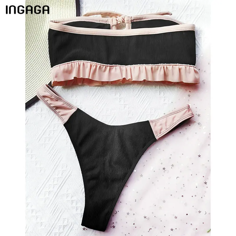 

INGAGA Bandeau Bikinis Women's Swimsuits Ruffle Biquini Sexy Cut Out Swimwear Thong High Cut Bathing Suits 2021 Black Beachwear