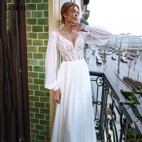 lorie bohemian wedding dress 2021 sexy v neck elastic chiffon lace puff sleeves arabic bride dresses vestidos boho wedding gowns