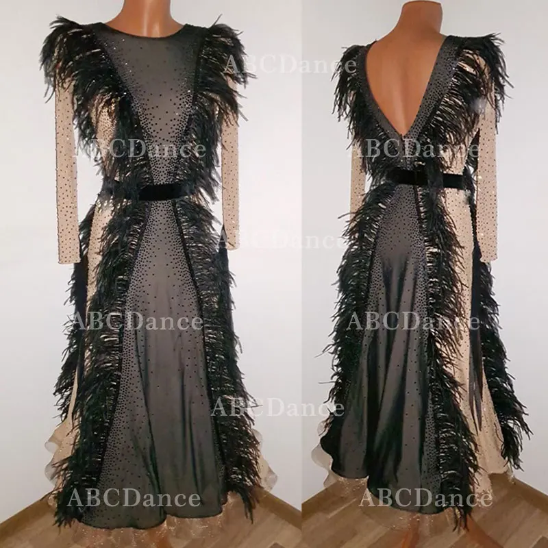 

Женское бальное платье с перьями, длинным рукавом, для танго и вальса, стандартный профессиональный костюм для конкурсов
