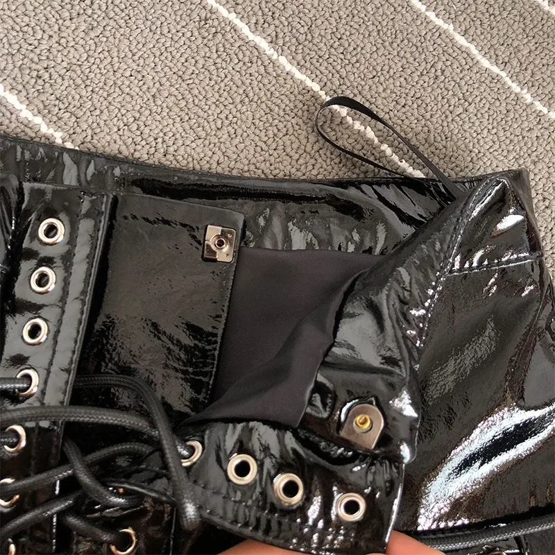 Streetwear Black Sheepskin Real Leather Shorts Women Punk Biker Shorts New Fashion High Waist Lace Up Wide Leg Shorts