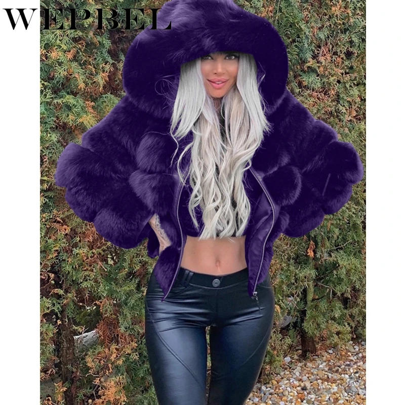 

Mandylandy Plus Size Women Faux Fur Coat Hooded Jacket Lady Long Sleeve Zipper Ribbed Casual Warm Thicken Outerwear Overcoat