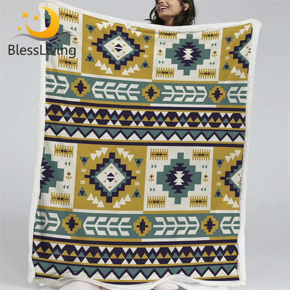 BlessLiving Aztec Blankets For Beds Ethnic Sherpa Fleece Blanket Oriental Geometric Linen Retro Custom Cobertor | Дом и сад