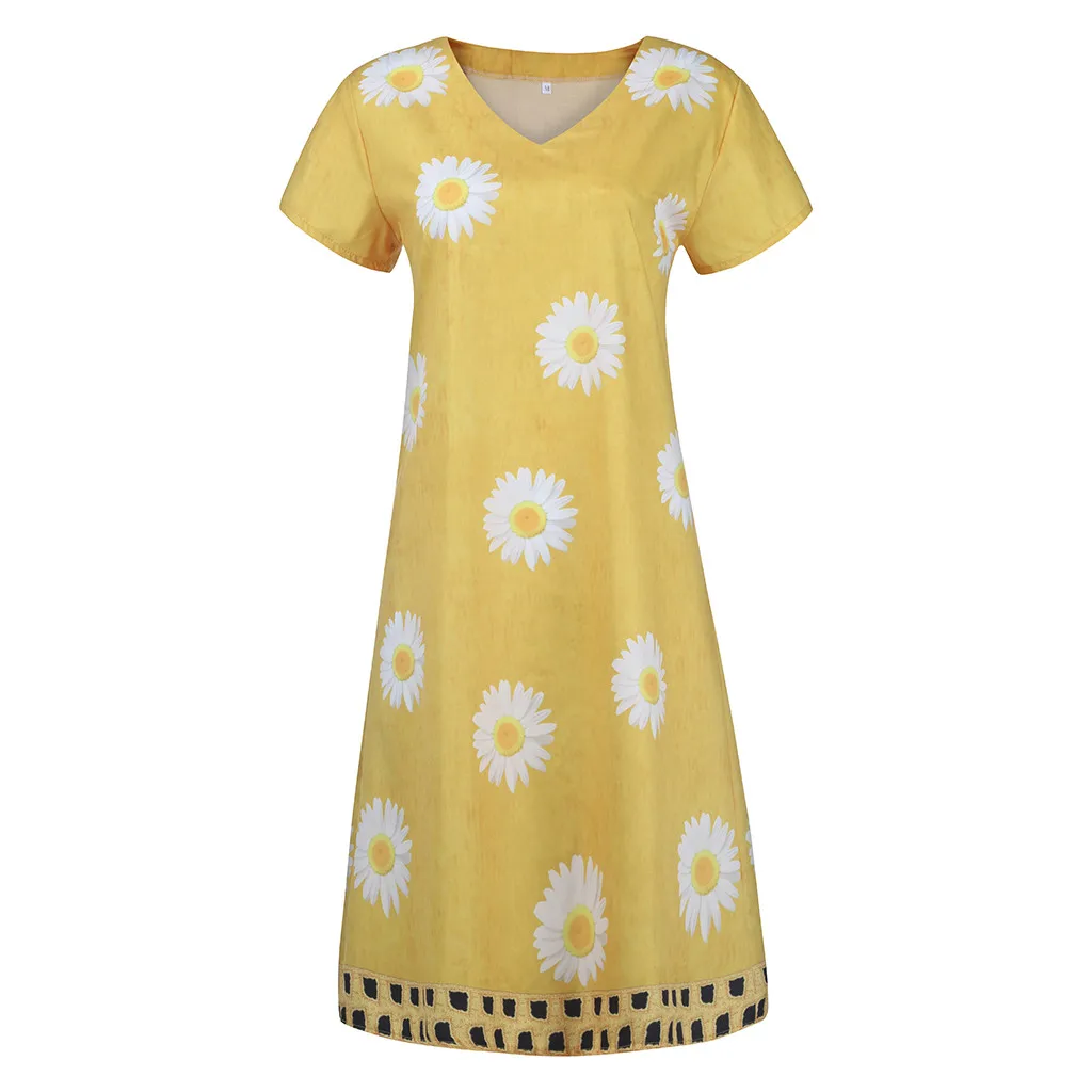 Женское летнее платье с цветочным принтом V-образным вырезом и коротким рукавом |