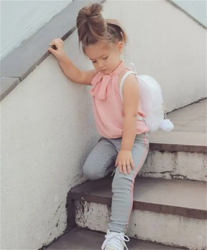 Летние комплекты одежды для маленьких девочек топ без рукавов с бантом и штаны