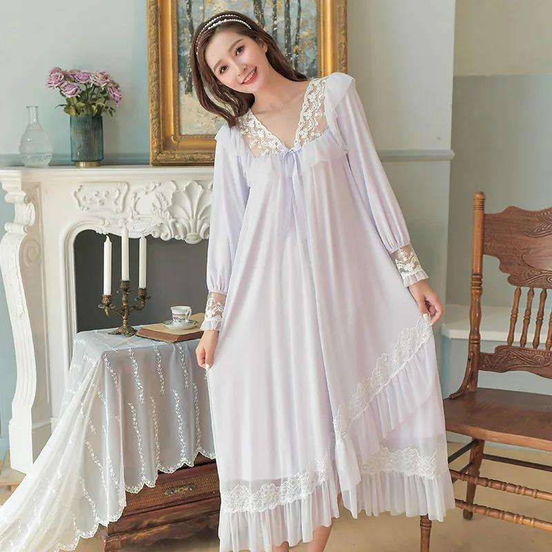 Court Style Nightdress Women's Long Sleeve French Style Retro Sweet Princess Lace Sexy Nightdress In Spring Autumn Sleep Tops