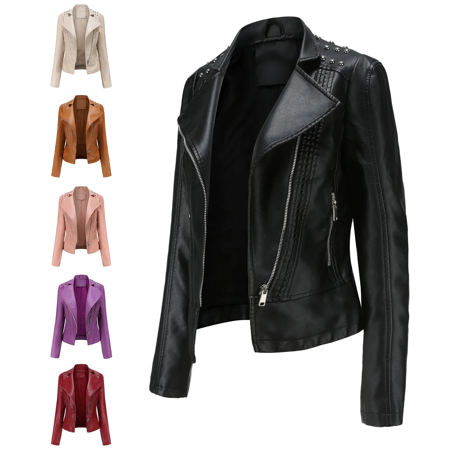 Women's Leather Jacket Women's Slim Thin Coat Women's Motorcycle Clothes 2021 New Spring and Autumn Sleeve Style Collar Material