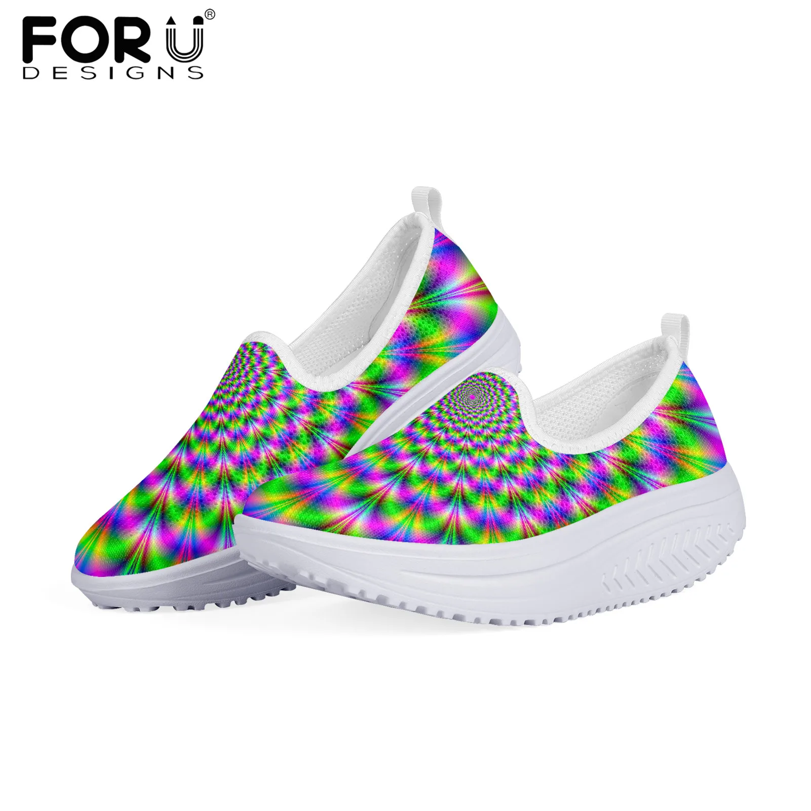 

FORUDESIGNS Breathable Summer Flats Air Mesh Women Shoes Abstract Dizzy Moving Optical Illusion Pattern Platform Swing Shoes