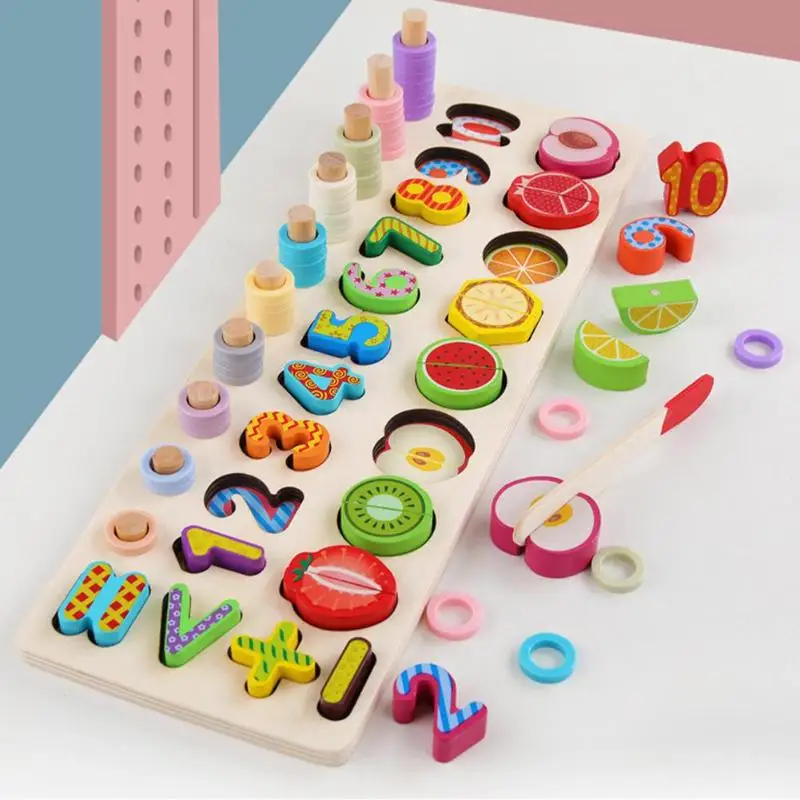 Монтессори 3-в-1 древесины ребенка числам доска соответствия фруктов Форма пазл