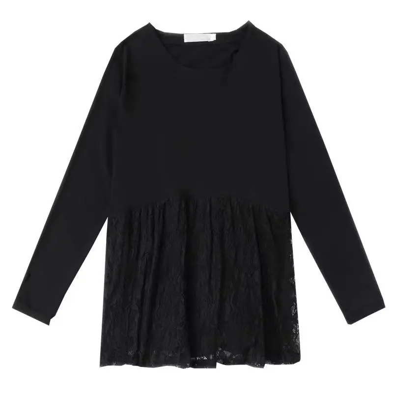 

2020 women's loose T-shirt women's bottoming shirt stitching lace top women