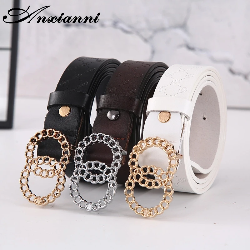 Women Belt cow leather Alloy Pin Buckle Belt Double Ring Gold silver Buckle  Fashion High Quality Dress Belt