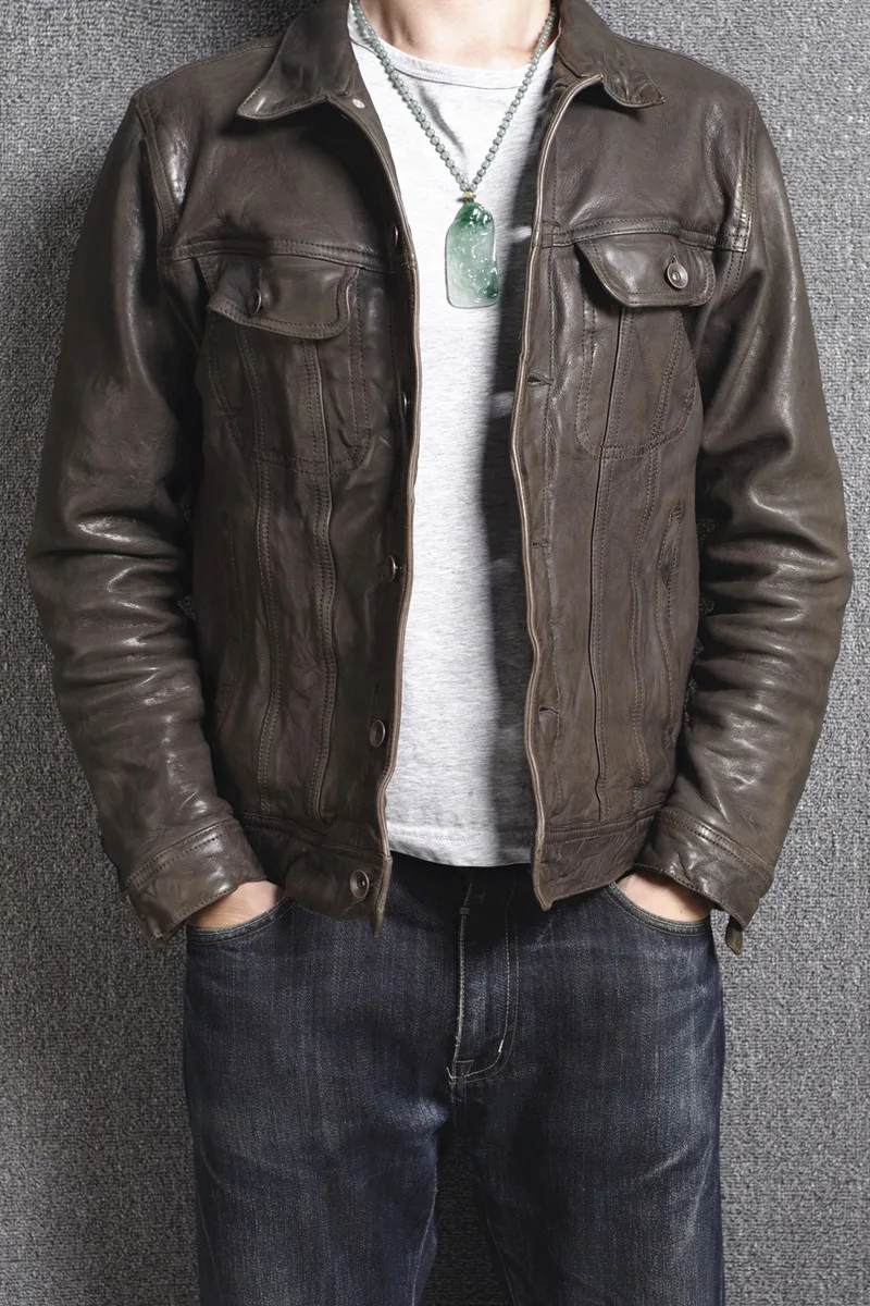 

genuine Men's vintage leather jacket japanese slim fit sheepskin denim shirt style leather jacket men washed leather coat male