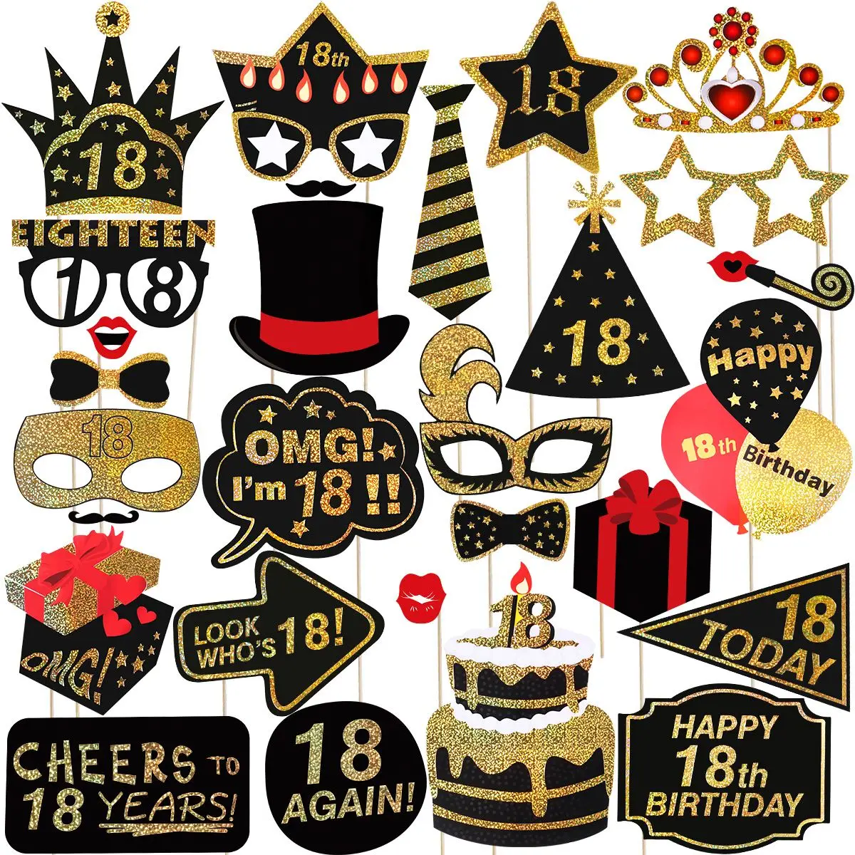 

Tinksky 29 Pcs Glitter 18th Happy Birthday Photo Booth Props Party Accessories for Birthday Party Decoration Favors Supplies A30