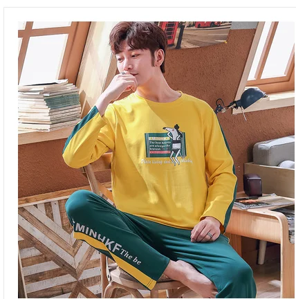 men pajama set Осенне-зимние мужские пижамы с длинными рукавами, хлопковые Пижамные комплекты в полоску с надписями и героями мультфильмов, повседневные мужские пижамы для отдыха и сна, L-XXXL Пижама - Цвет: men pajama set