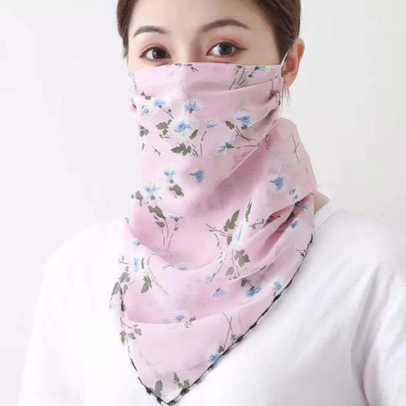 

Summer Breathable Anti-dust Sunscreen Masks Women Chiffon Mask Scarf Face Wraps Floral Print Silk Headband Bandana