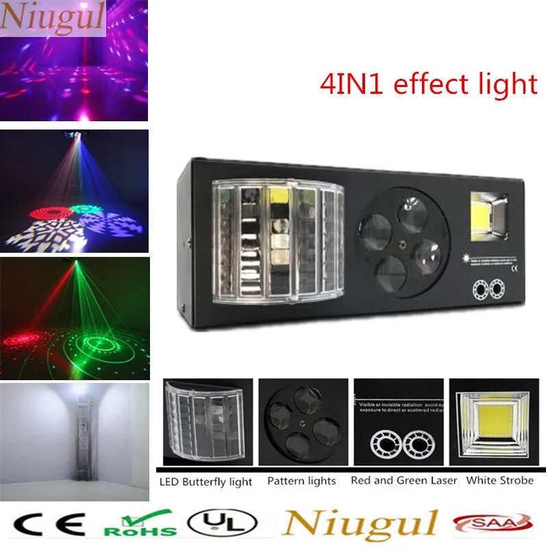 

4in1 Effect Stage Light LED Butterfly Light+RG Laser+4 Eyes Patterns Light +White Strobe DMX512 KTV Club Party Disco DJ Lighting