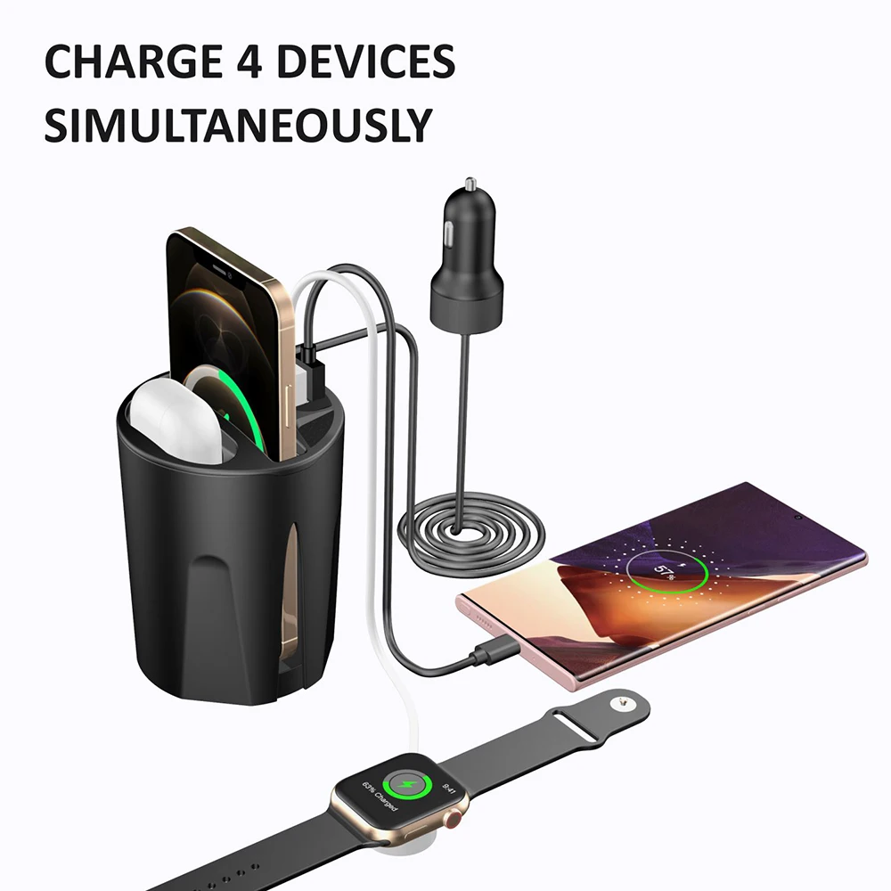 

4 in1 Car Wireless Charger Cup for Samsung S20/iPhone 12/11/X/8 Plus/Airpod Pro/Apple Watch Chargers Cup QI Car charging Holder