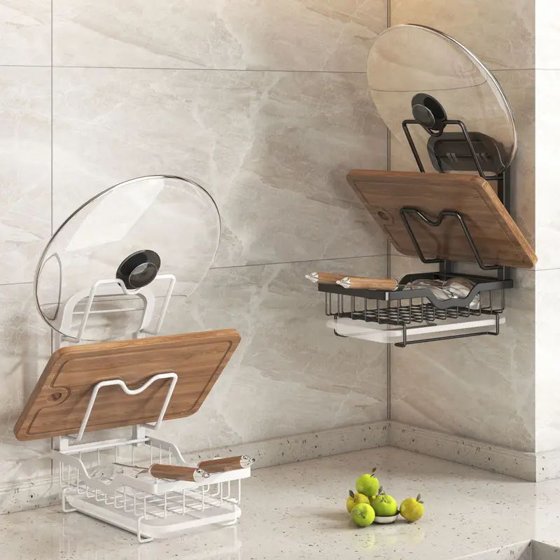 

Стеллаж для крышек кастрюль, настенная кухонная столешница с ловушкой, домашняя полка для посуды, крышки, разделочная доска, стеллаж для хра...