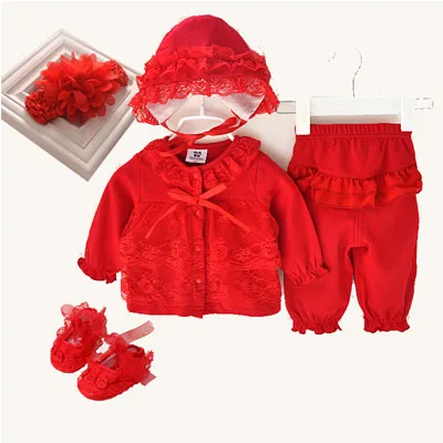 red set 5 pcs Одежда для новорожденных девочек 0-3 месяцев, 3 предмета, милый комплект, 1 день рождения,, одежда для малышей, детская шапка, повязка на голову, Кружевной Костюм для малышей 0, 12 - Цвет: red set 5 pcs