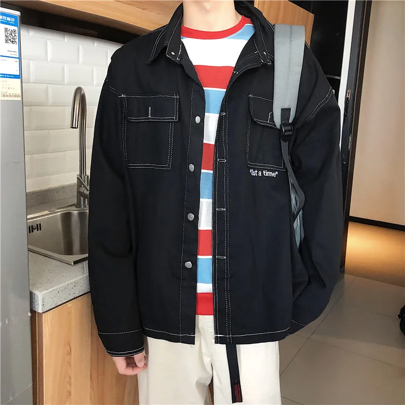 

Jackets Men Solid Color Single Double Breasted All-match Chic Harajuku Mens Coat Streetwear Turn-down Collar Simple Loose Pocket