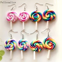 1pair soft clay rainbow lollipop drop earrings children women jewelry custom made handmade cute girls cotton candy gift