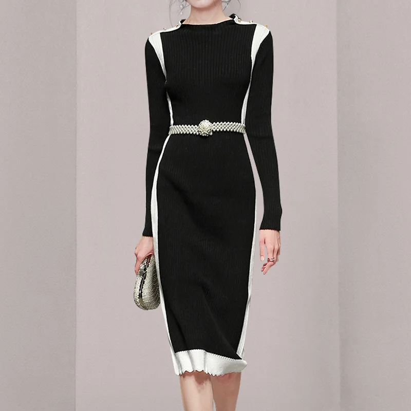 

High Quality Autumn Winter Korean Fashion Casual Knitted Sweater Dress Women Long Sleeve Beading Belt Vintage Dresses Vestidos