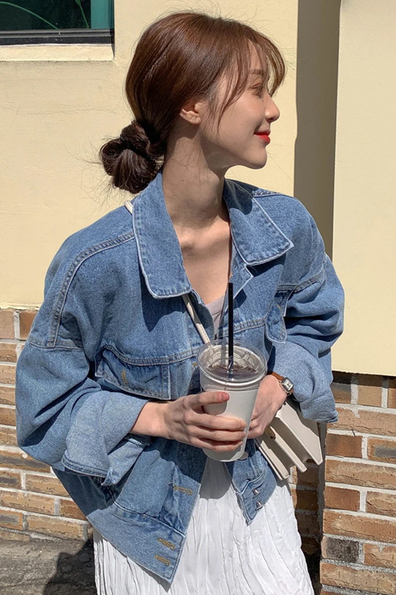 

ZCSMLL Korea Ins Autumn Retro Lapel Single-breasted Multi-pocket Decoration Loose Washed Blue Denim Jacket Short Coat