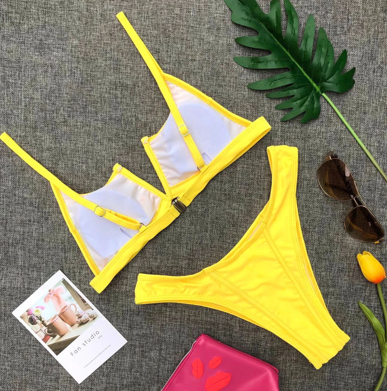 Бикини женское однотонное с чашками пуш-ап пикантный бандажный треугольный