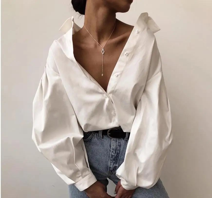 

Hot sale 2020 Autumn New women blouses Lantern Sleeves lapel Streetwear fashion Casual wild Loose Slim button simple Solid shirt