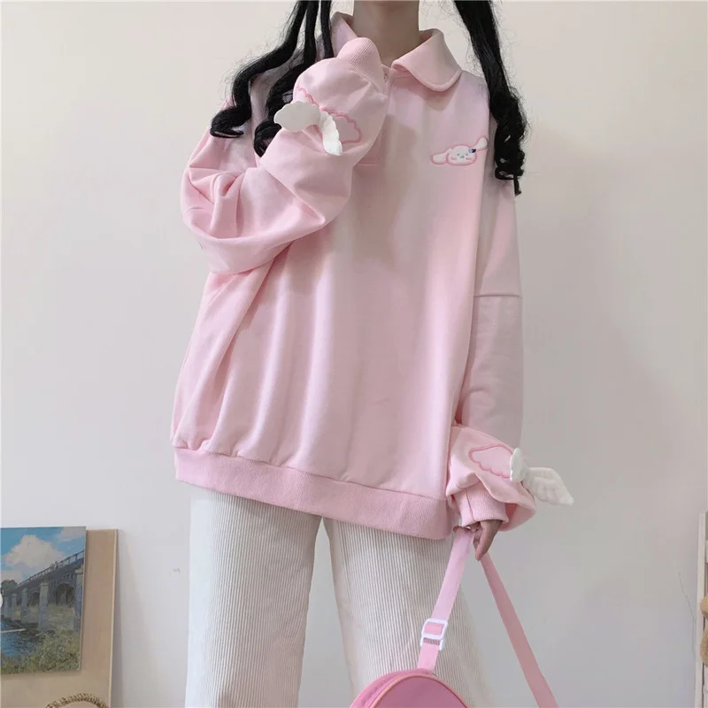 

Sweet Girl Pullovers Women Spring Autumn Cute Wings Decoration Peter Pan Collar Loose Sweatshirt Kawaii Clothes