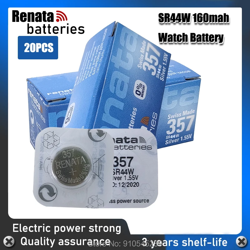 

20pcs/lot Renata 357 100% Original Brand New LONG LASTING SR44W SR44 LR44 A76 L1154 SR44 357A AG13 Swiss Made Watch Battery