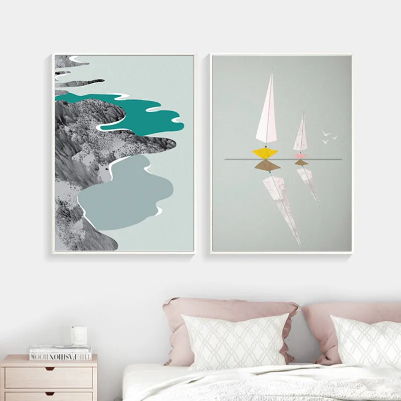 

Abstract Painting Coast Rock Ship Geometric Art Poster Home Decoration Canvas Painting Bedroom Living Room Wall Decoration