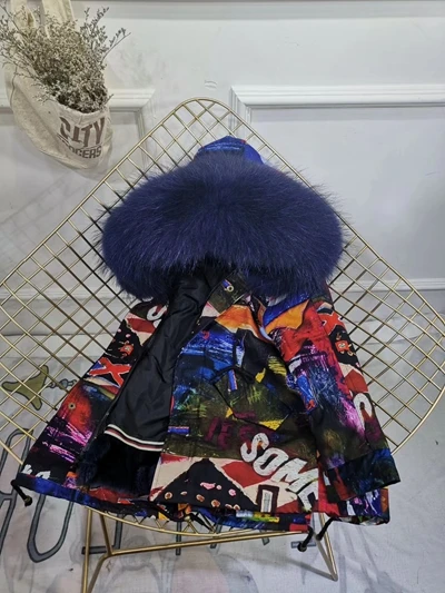 Purple Dark Blue Fur Children Winter Jacket Graffiti Boys Girls Real Fur Coat Thick Warm Rabbit Fur Kids Jacket Coat Furry Natural Fur Collar TZ428 - Цвет: Purple Dark Blue Fur