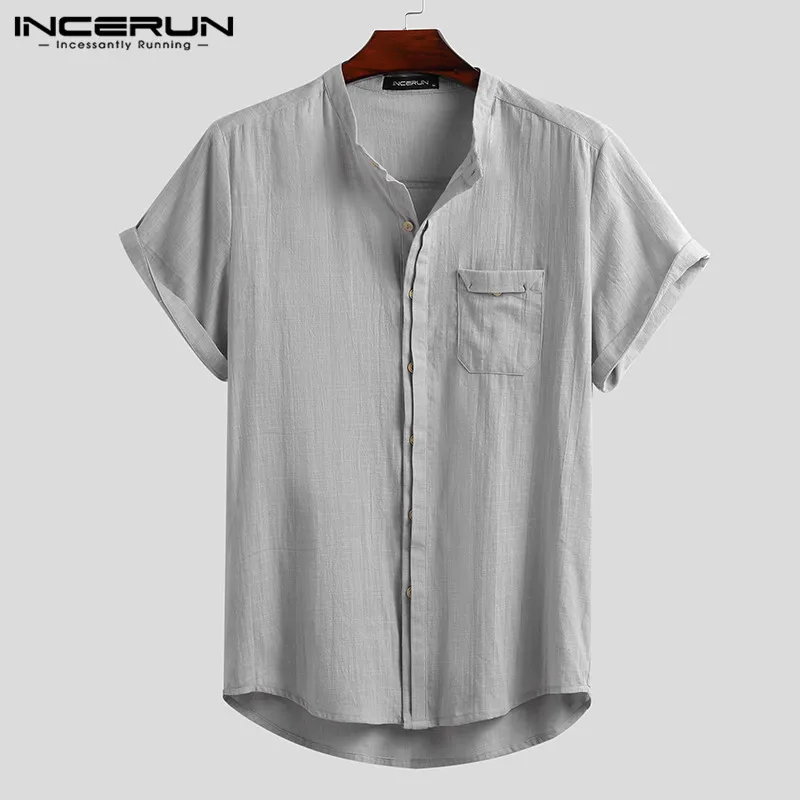 

Рубашка INCERUN мужская с воротником-стойкой, хлопковая блуза с короткими рукавами, брендовая Повседневная Уличная одежда, на пуговицах, в стил...