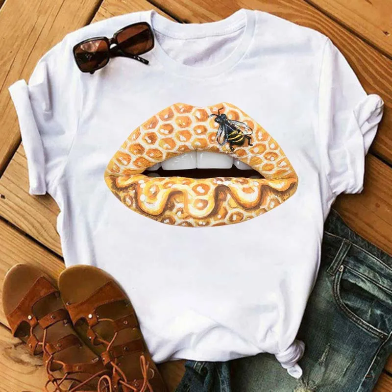 

Black Lip Print T-Shirt Women Cartoon Printed T-shirt Women Vogue Harajuku Short Sleeve T-shirt