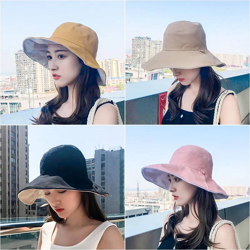 

Women Summer Hat Simple Foldable Wide Brim Floppy Girls Fashion Sun Hat Beach UV Protect Travel Double Sided Lady Cap Female