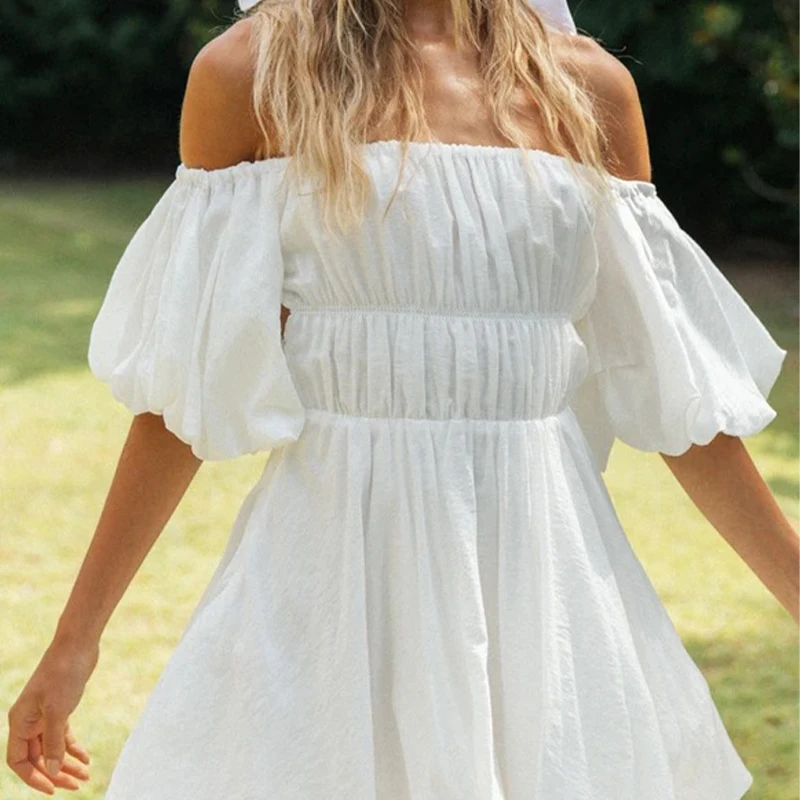 

Summer Sexy Slash Neck Solid Women Dress Fashion Puff Sleeve High Waist Ladies Dress Cute Pink Ruffle Off Shoulder Casual Clotes