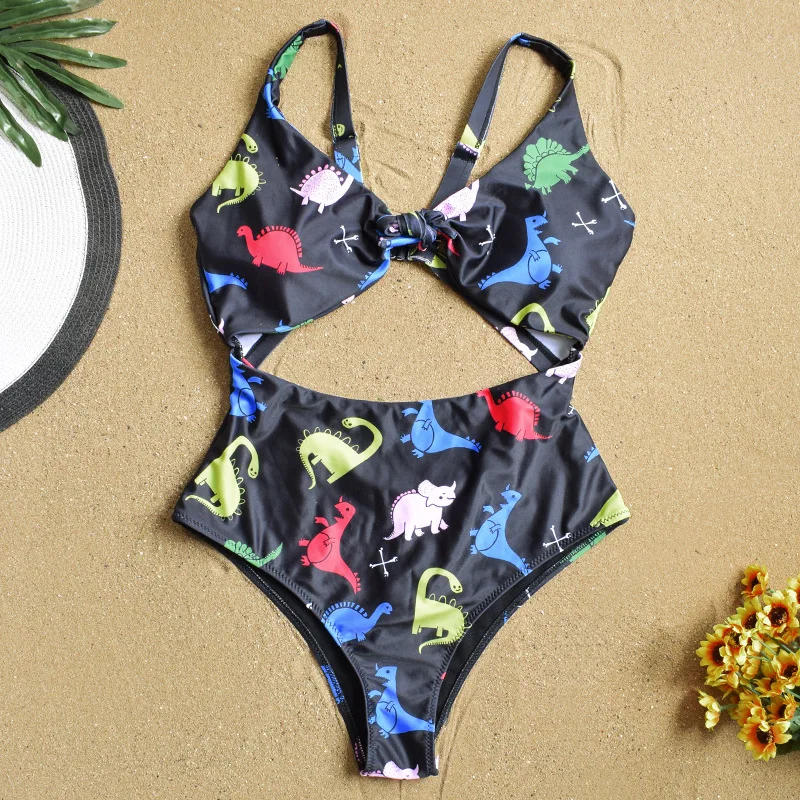 Черный Цельный купальник с динозаврами женский 2019 пляжный вырезами купальный