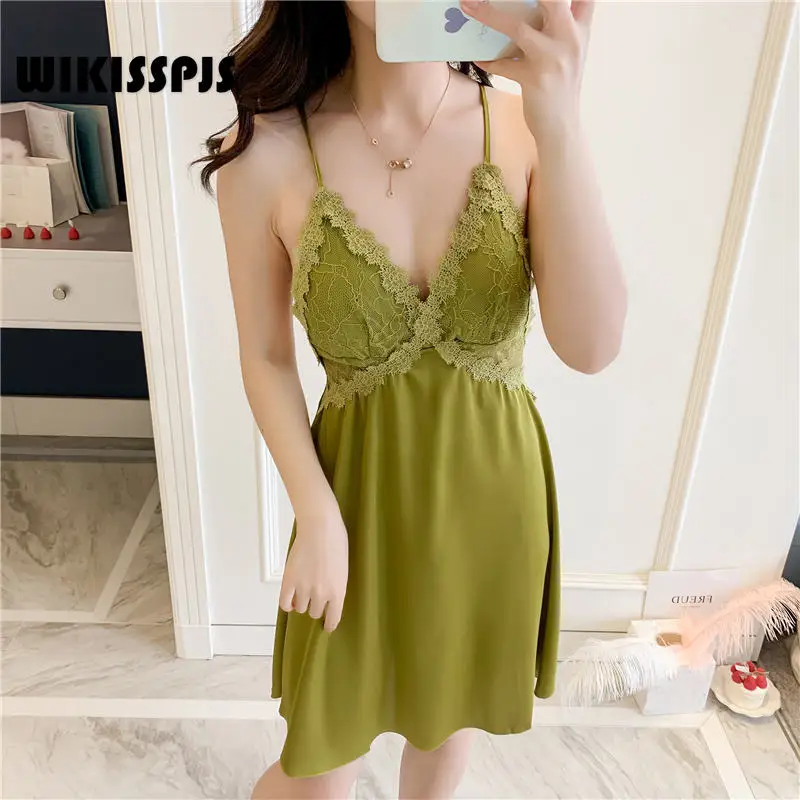 

WIKISSPJS 2022NEW Deep V Nightdress Satin Chiffon Home Casual Pajamas Sexy Thin Sling Skirt Women Nightgown Sleepwear