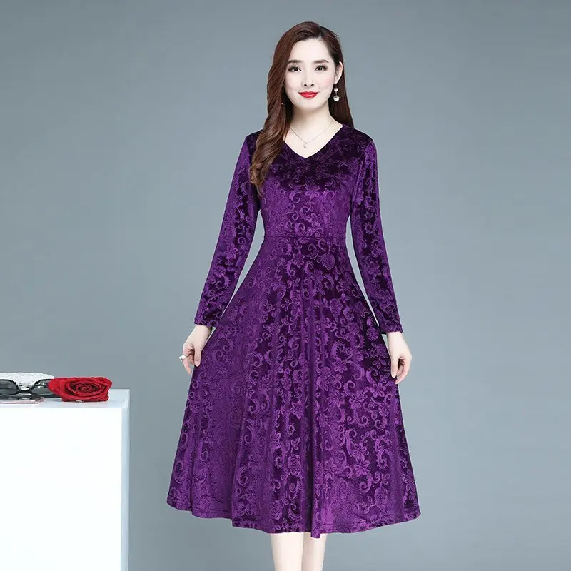 

Sexy V-neck Gold Velvet Dress Women Autumn New Elegant Slim Printed Maxi Vestidos Mom Long Sleeve Evening Party Dress