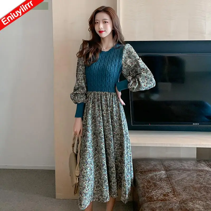 

Basic Wear Feminine Vestidos Bow Tie Hot Sales Women Winter Spring Floral Print Patchwork Faux Two Piece Knit Sweater Dress