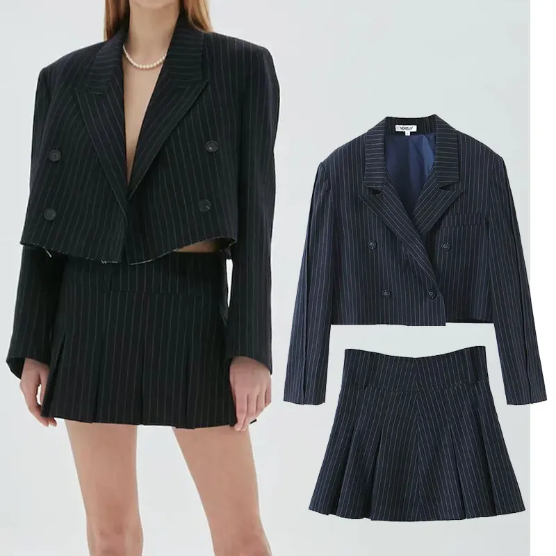 

Женский офисный комплект из 2 предметов Za, укороченный пиджак в полоску и мини-юбка с высокой талией, повседневные шикарные женские комплект...