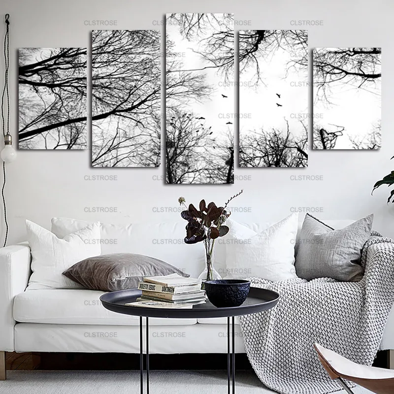 

Black and White Bird Flying Towards The Tree Posters Home Art Landscape Canvas Painting Posters Home Wall Decoration