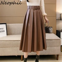 neophil vintage women pleated skirt 2022 autumn winter pu faux leather khaki skirt with belt thick swing flare jupe femme s21903