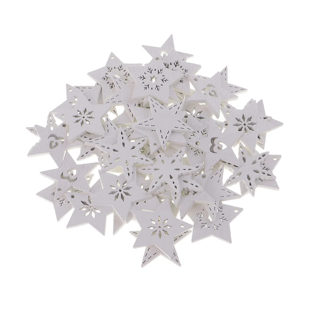 

50 Pieces White Wooden Snowflake Craft Hanging Decorations for